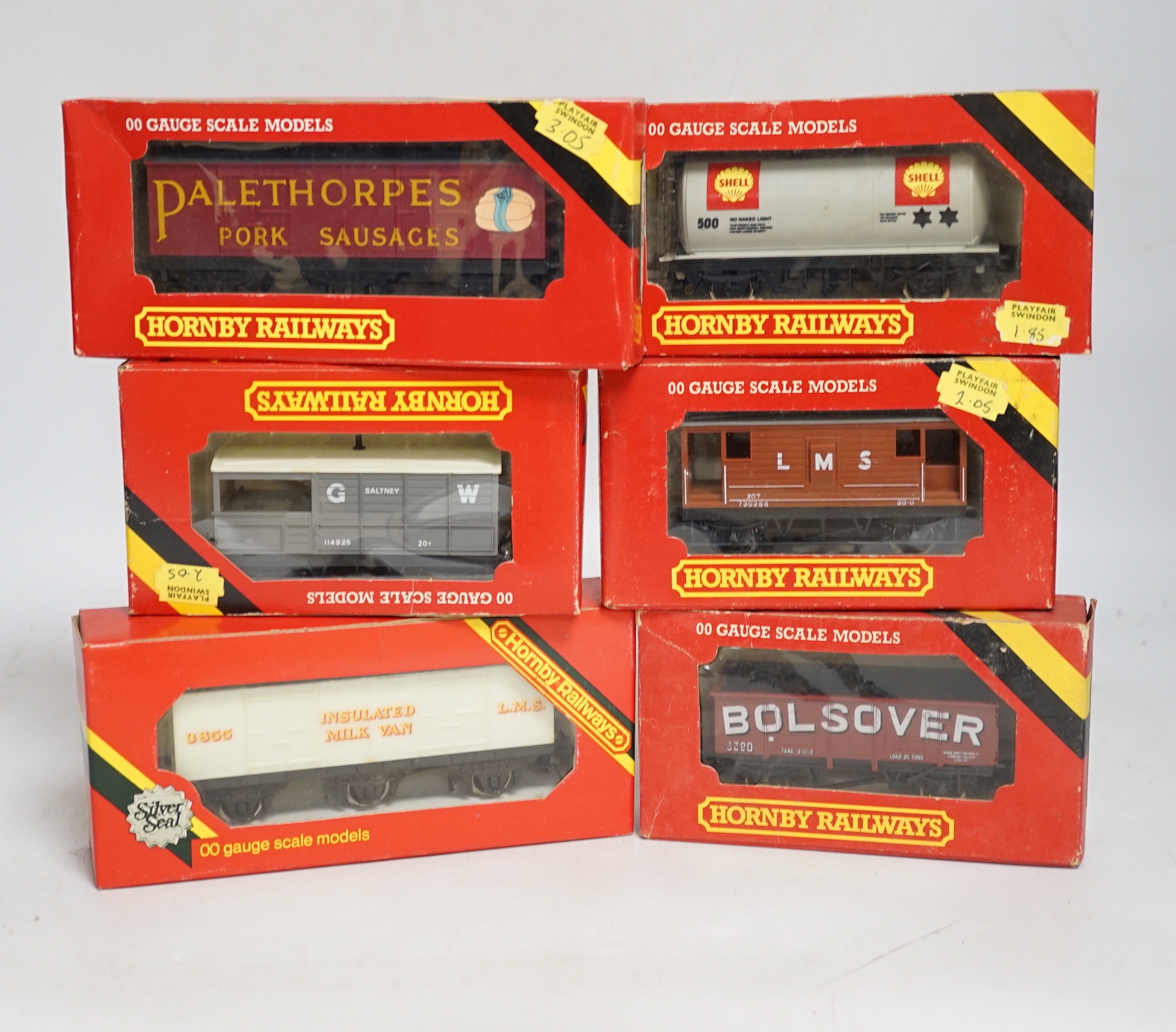 Thirty-six boxed Hornby railways 00 gauge items including five BR diesel locomotives; a Class 47 (R075), a Hymek (R074), a Class 25 (R068) and two Class 08 shunters (R156), together with fifteen freight wagons, twelve bo